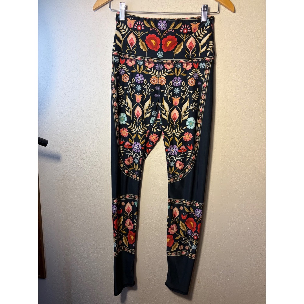Yoga Democracy Floral Folk Art Recycled High Waist Leggings Small Black Multi